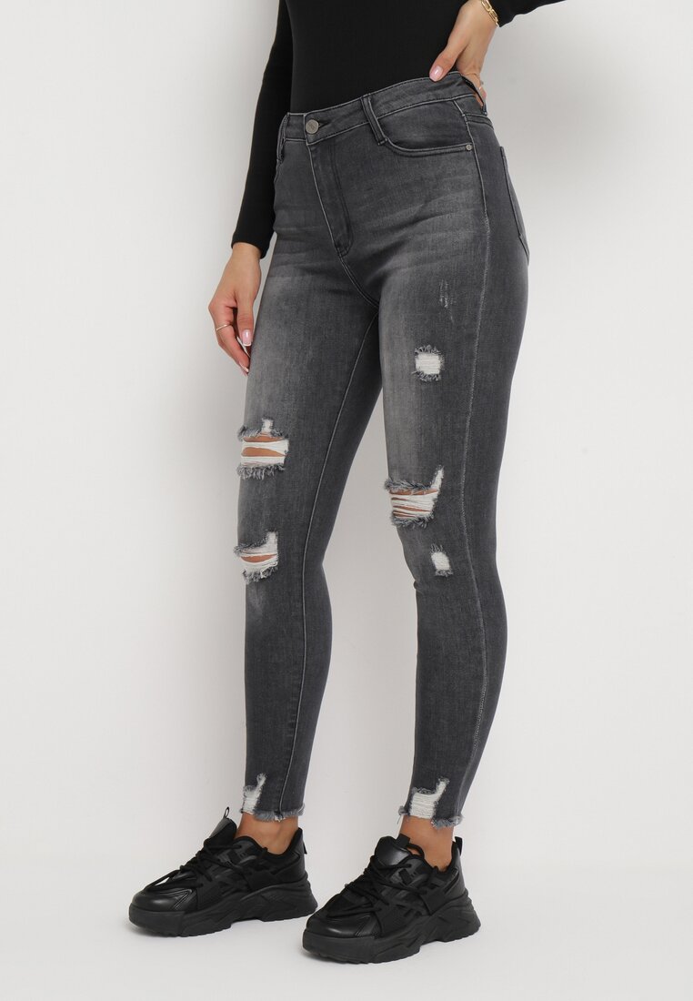 Czarne Jeansy Skinny z Wysokim Stanem i Przetarciami Cassina