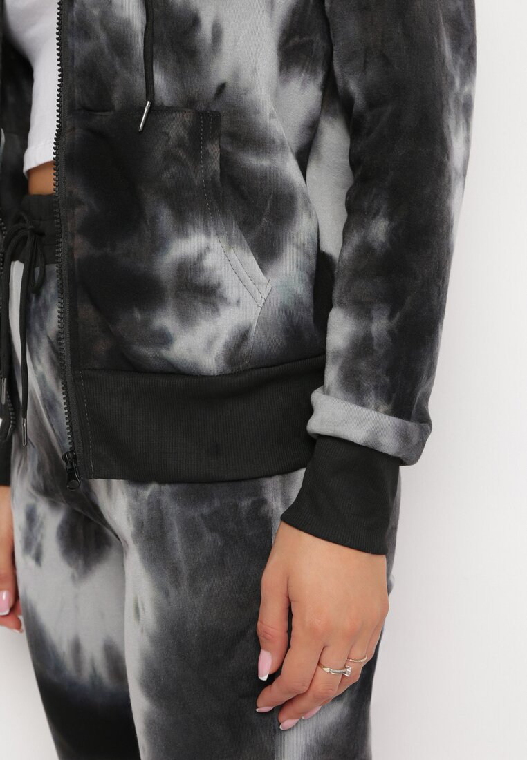 Czarno-Szary Ocieplony Komplet Sportowy z Bluzą i Spodniami Tie-Dye Rekolla