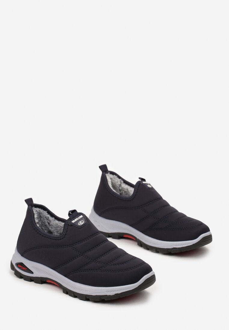 Granatowe Wsuwane Buty Sportowe z Ociepleniem z Futerka Ozdobione Pikowaniem Mercuri