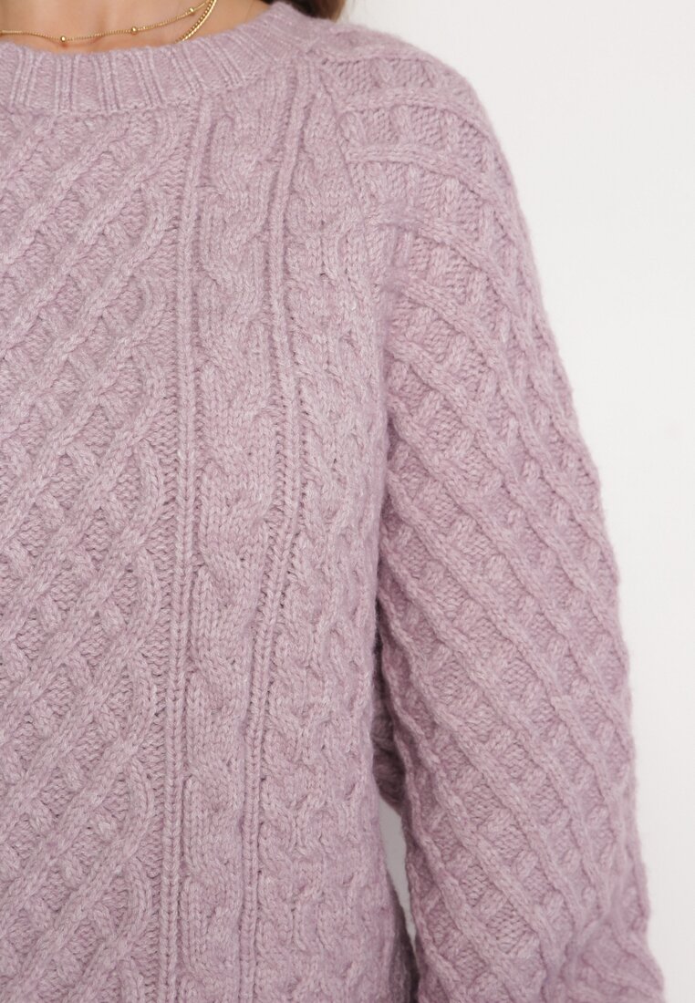 Jasnofioletowy Sweter o Wydłużonym Fasonie z Modnym Splotem Ahexa