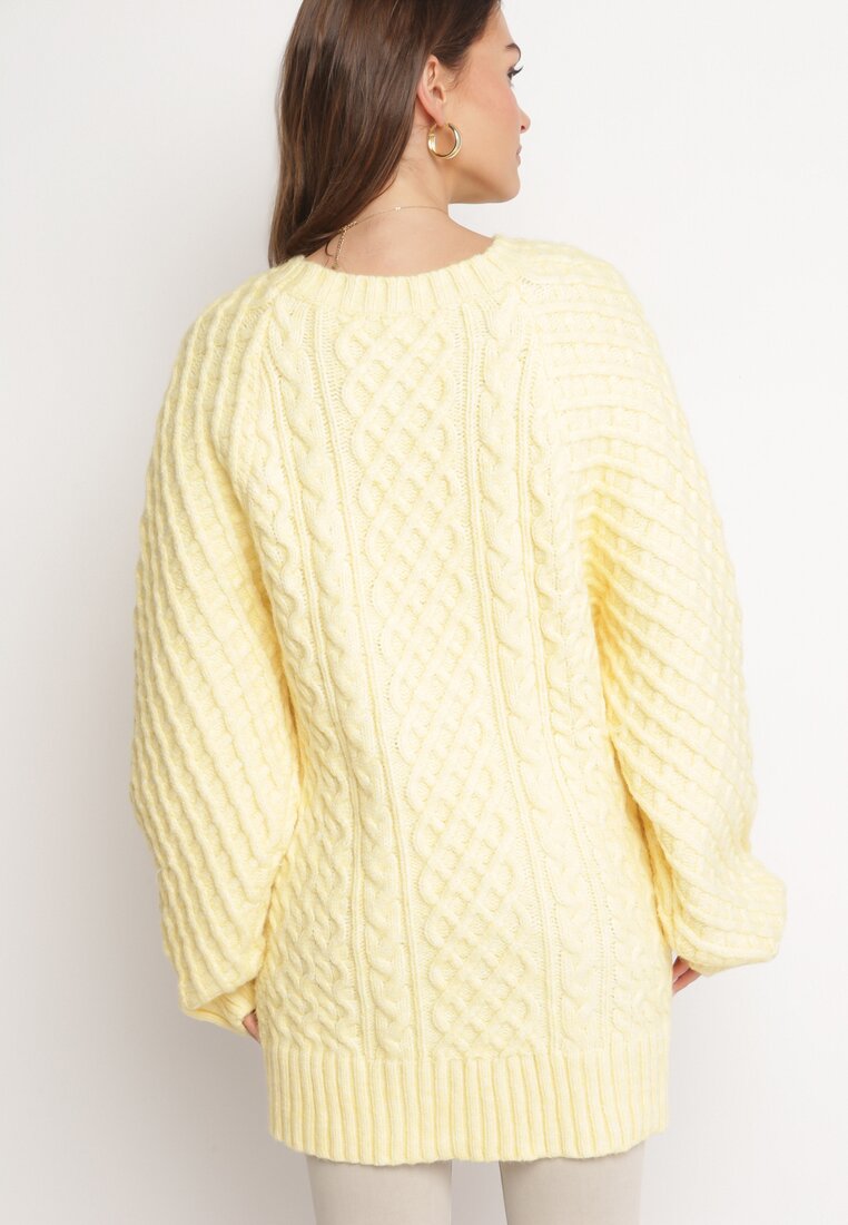 Żółty Sweter o Wydłużonym Fasonie z Modnym Splotem Ahexa