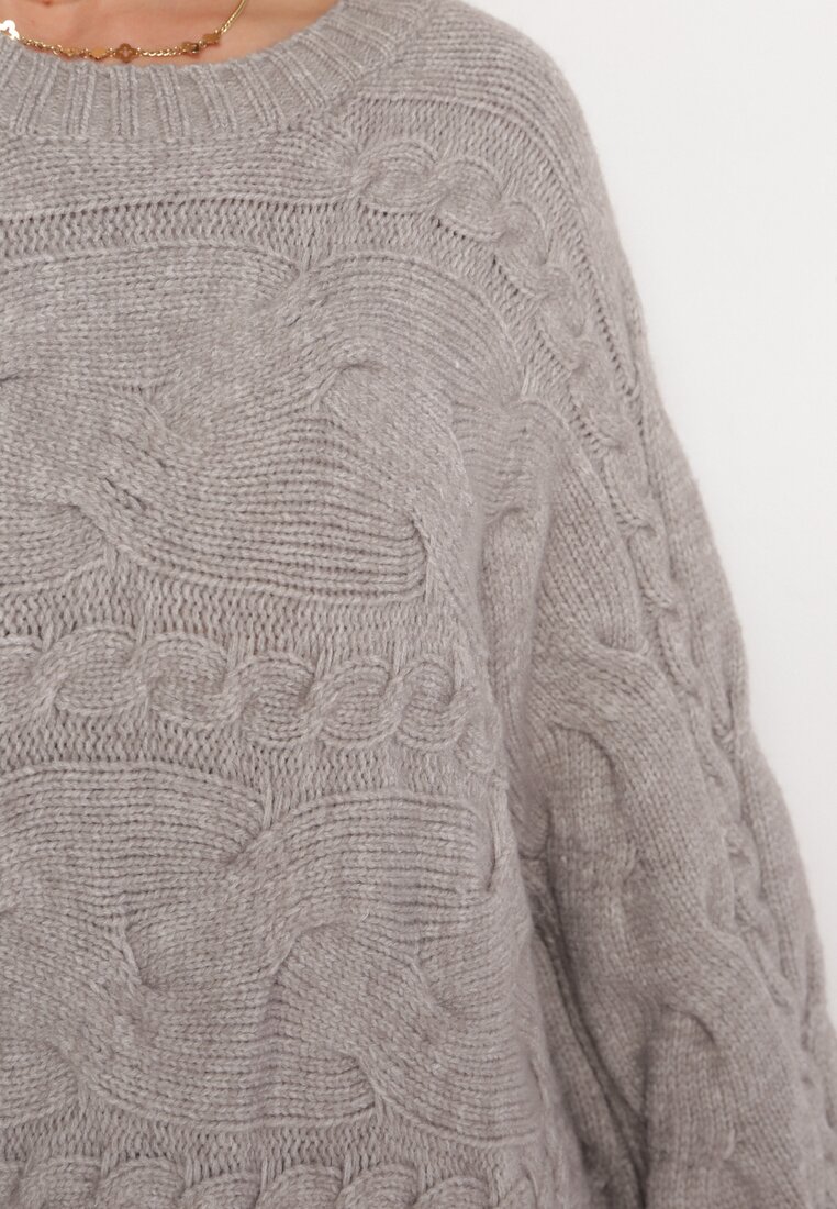 Ciemnoszary Oversizowy Sweter o Długim Kroju z Ozdobnym Splotem Sapodis