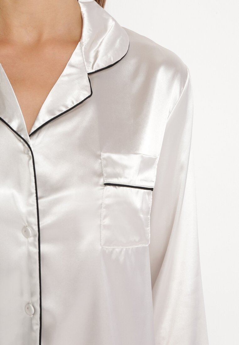 Biały Satynowy Komplet Piżamowy z Koszulą i Spodniami Teusia