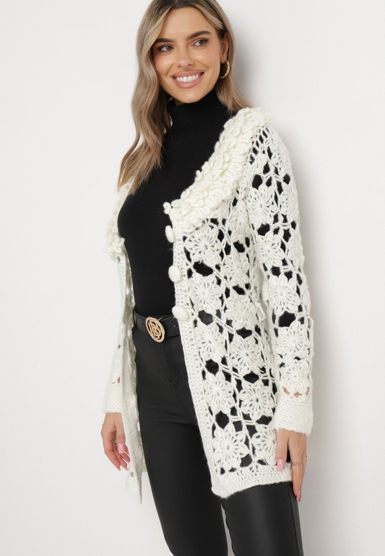 Jasnobeżowy Kardigan z Ażurowym Zdobieniem i Wiązanym Paskiem Sabelia