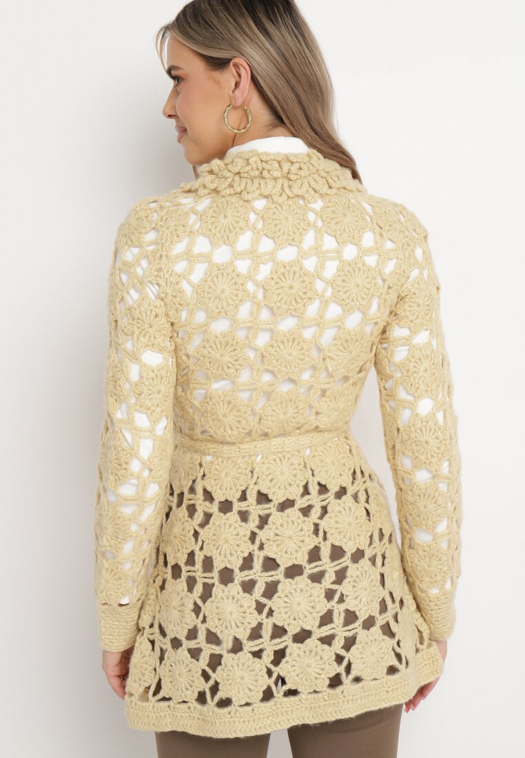 Beżowy Kardigan z Ażurowym Zdobieniem i Wiązanym Paskiem Sabelia