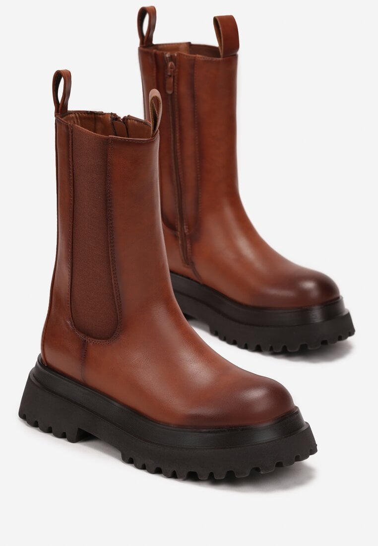 Brązowe Botki Sztyblety na Platformie Amune