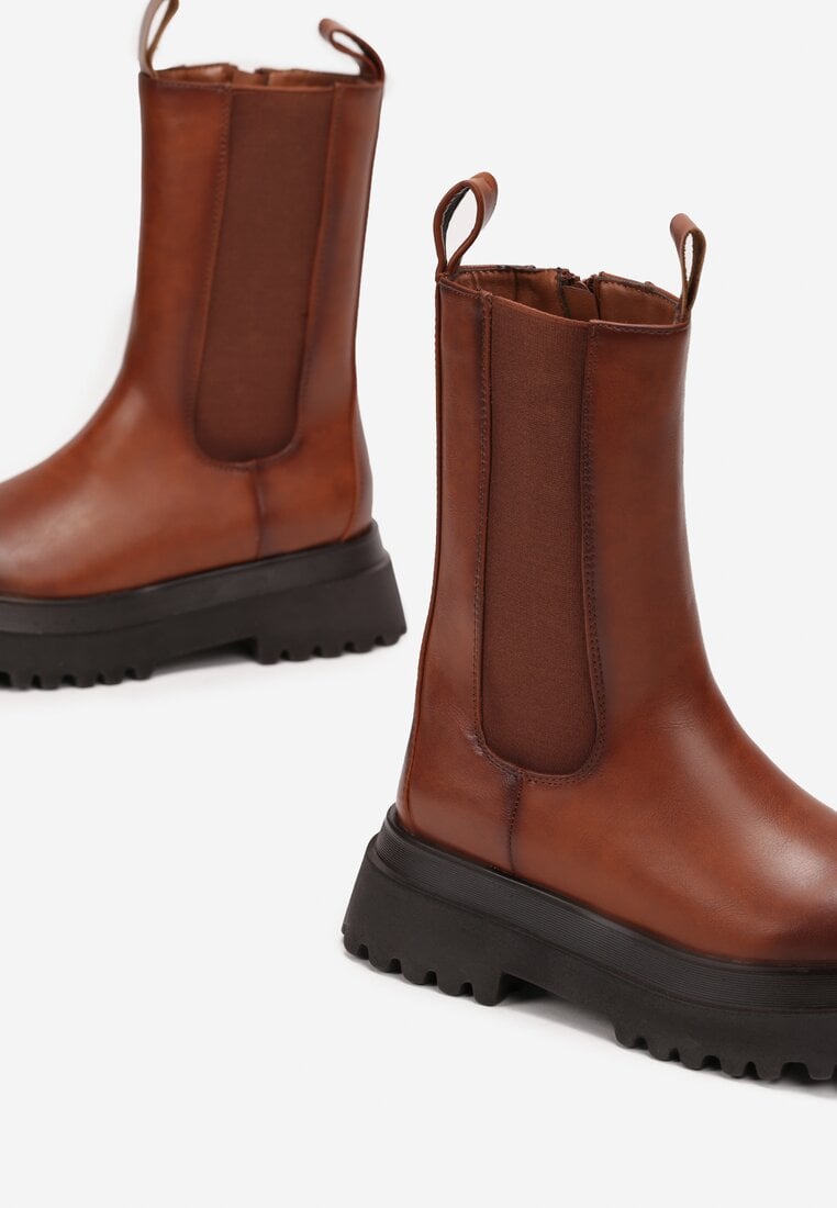 Brązowe Botki Sztyblety na Platformie Amune