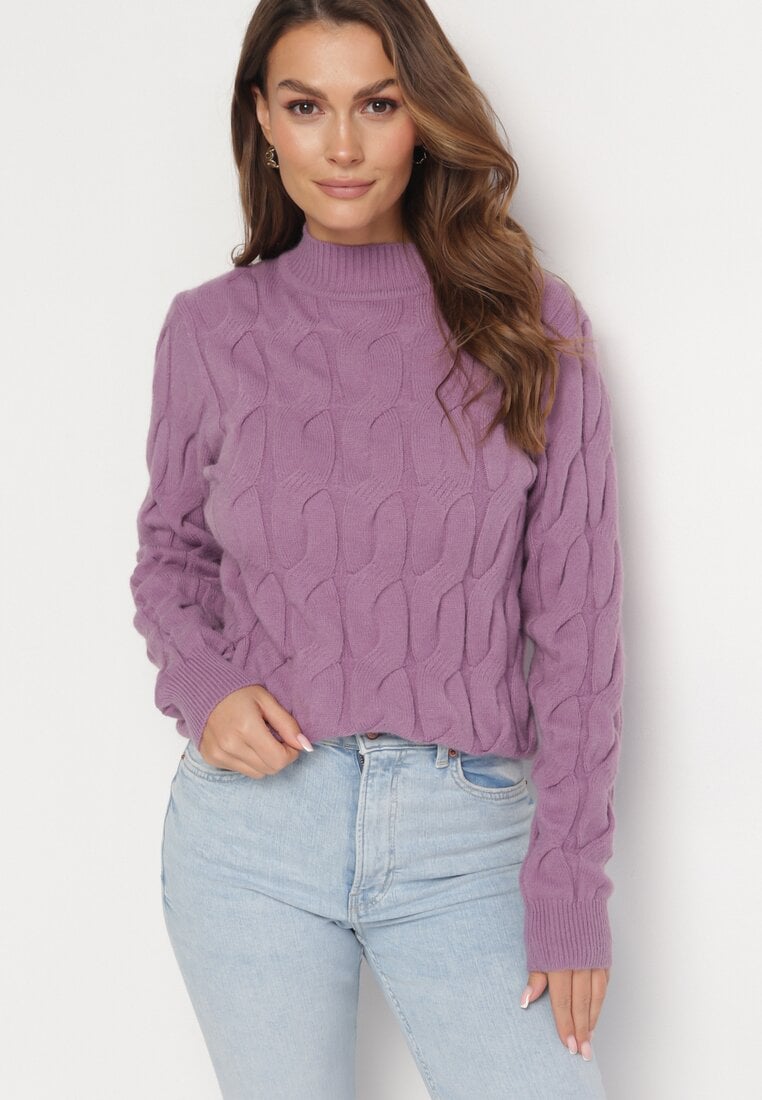 Jasnofioletowy Klasyczny Sweter w Ozdobny Splot Aliissa