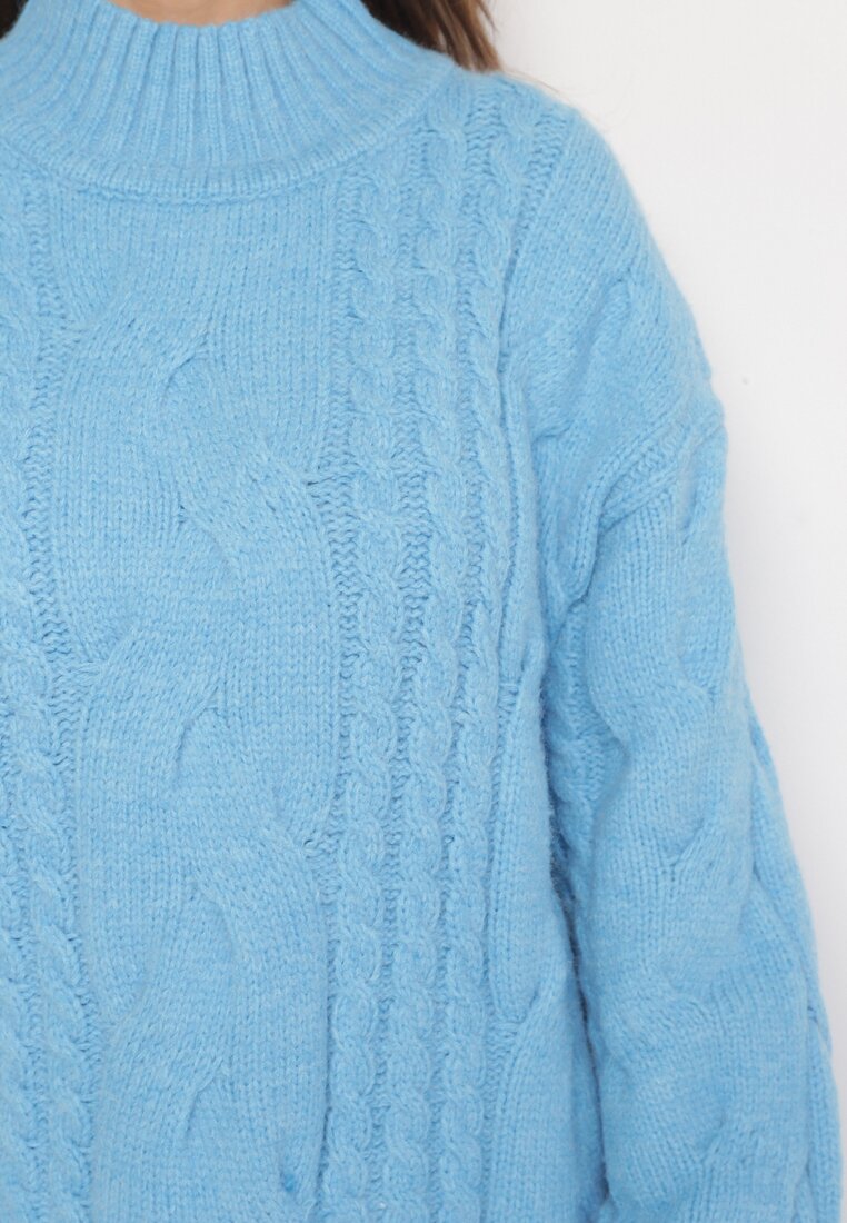 Niebieski Luźny Sweter w Warkoczykowy Splot Sentlia