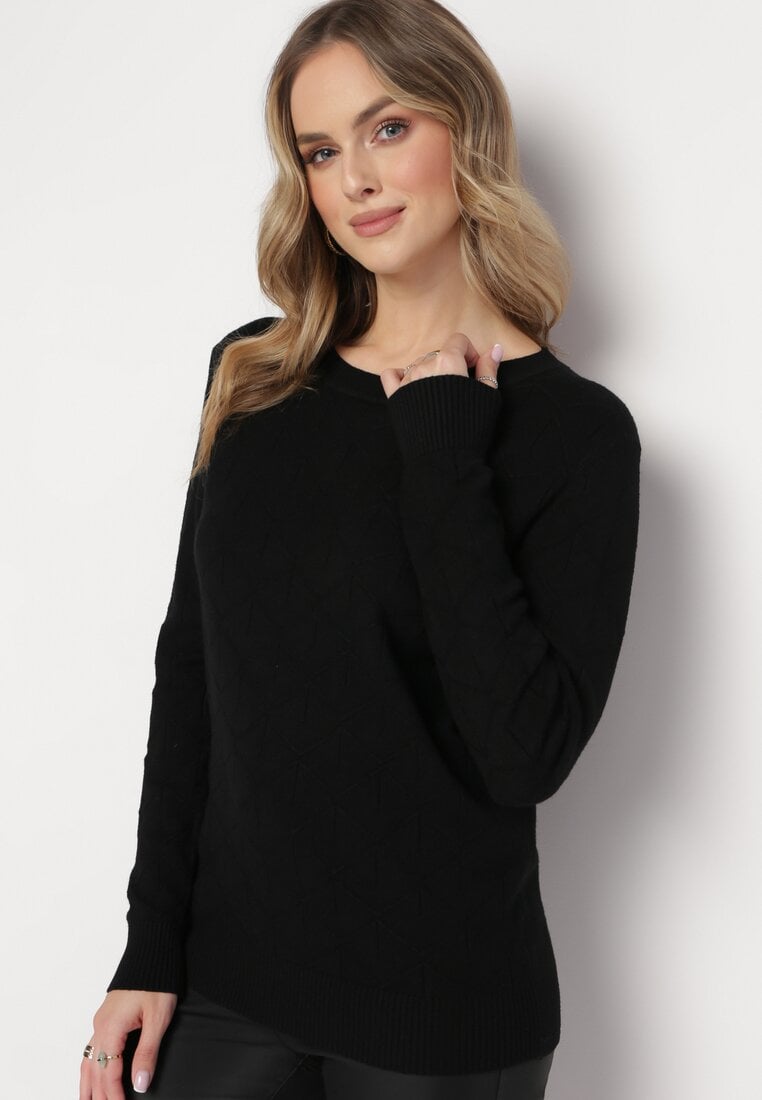Czarny Klasyczny Sweter z Geometrycznym Tłoczeniem Ludgera