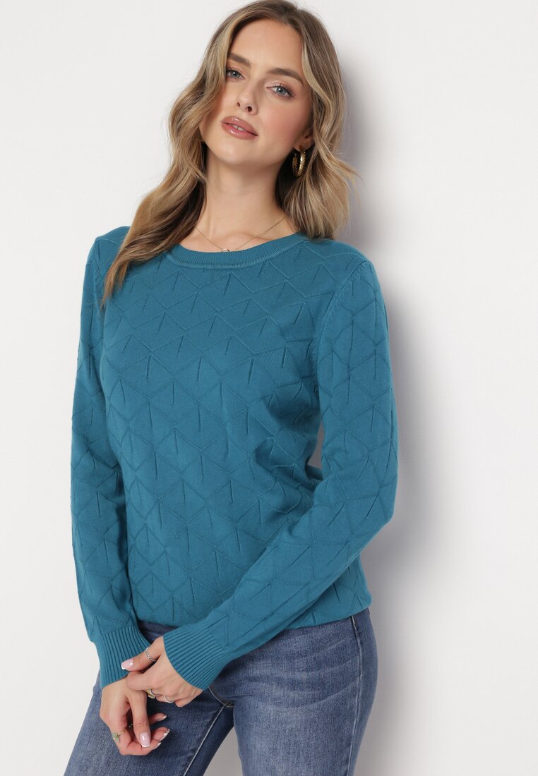 Niebieski Klasyczny Sweter z Geometrycznym Tłoczeniem Ludgera