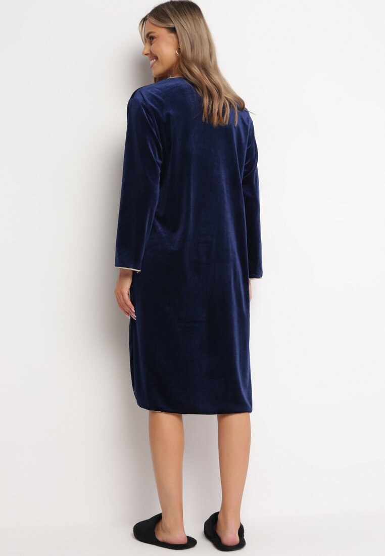 Granatowy Komplet Szlafrok i Koszula Nocna z Weluru Semite