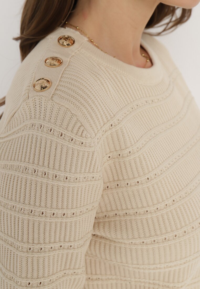 Beżowy Klasyczny Sweter z Napami Tavai