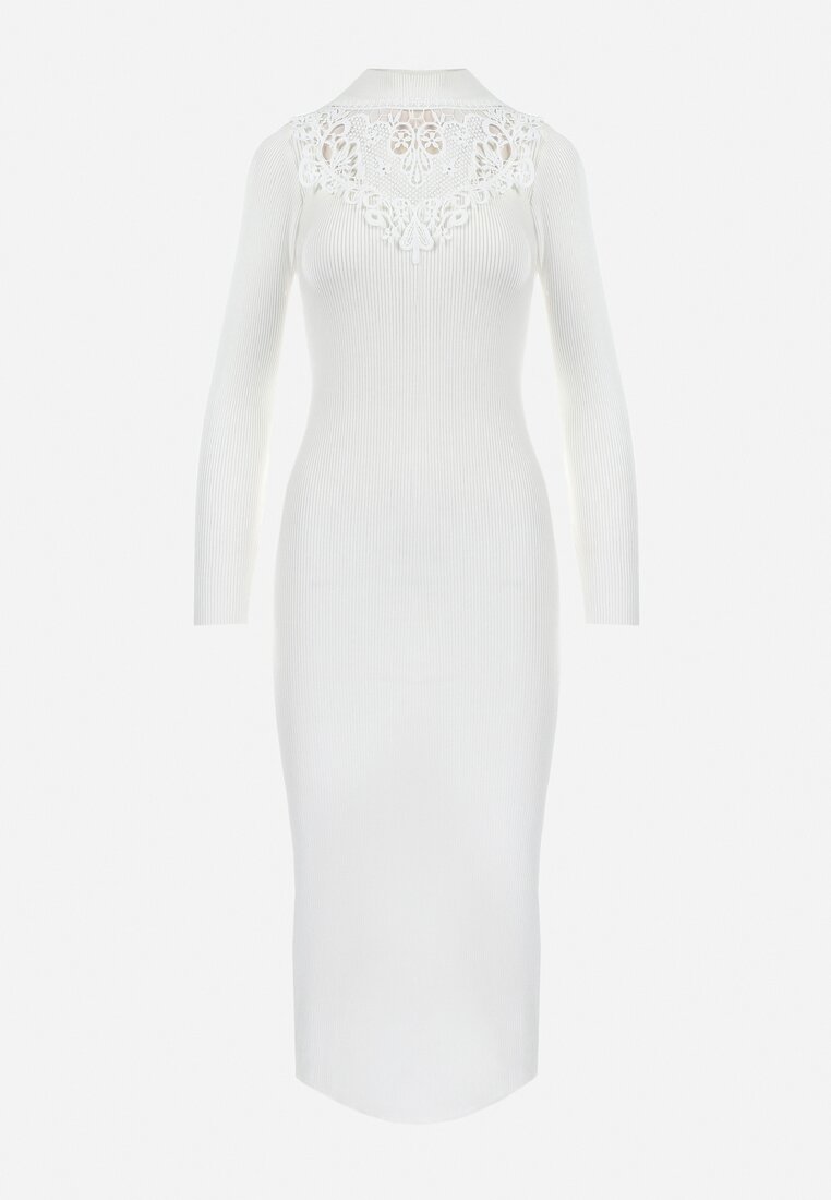 Biała Sweterkowa Sukienka Midi z Prążkowanej Dzianiny Sofisean