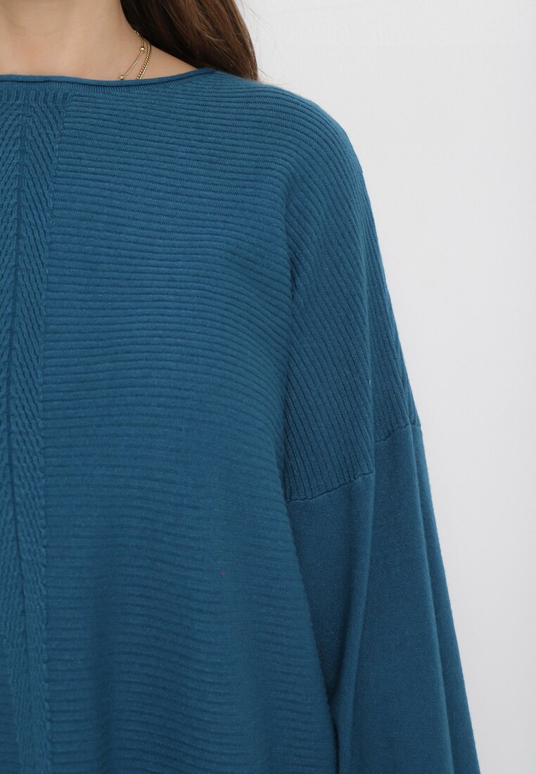 Ciemnoniebieski Sweter o Luźnym Fasonie z Rękawami Typu Nietoperz Poxure