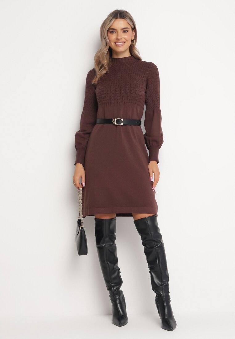 Brązowa Sweterkowa Sukienka z Półgolfem Deulia