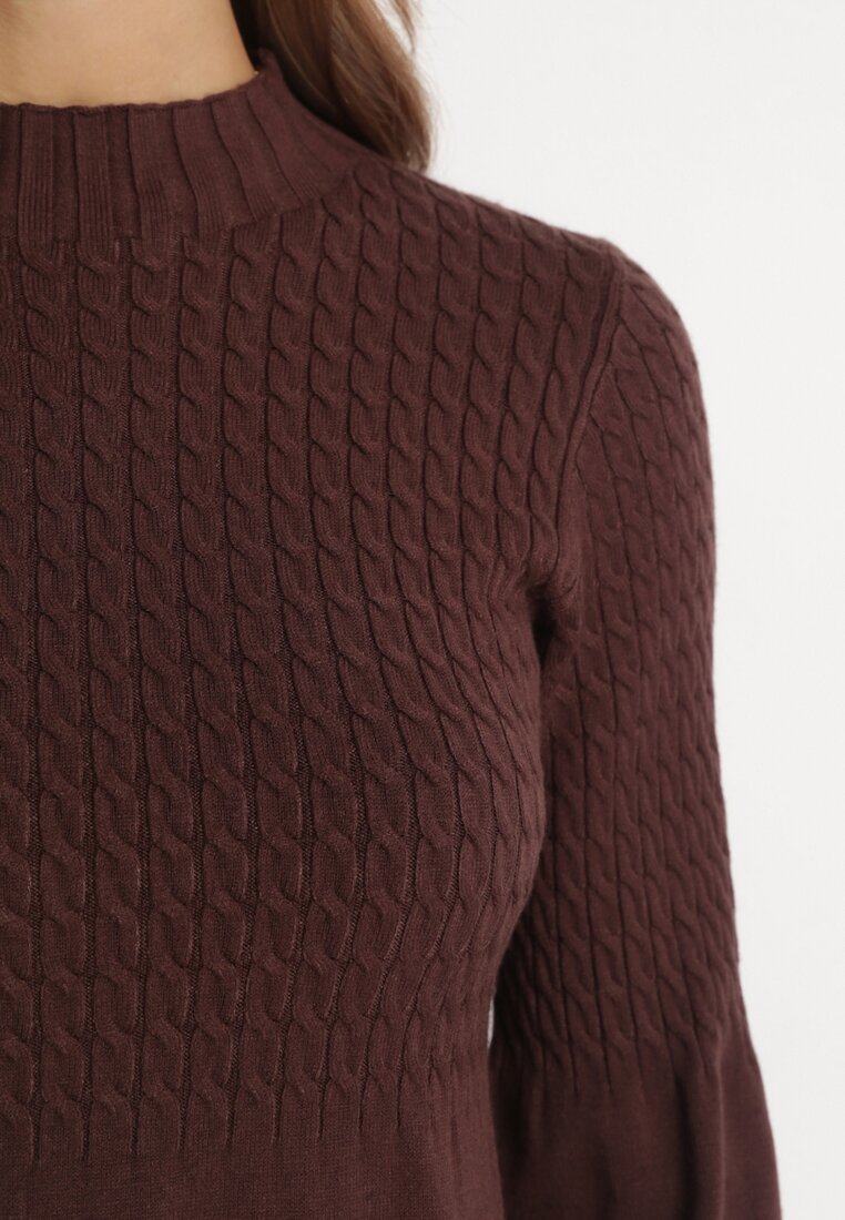 Brązowa Sweterkowa Sukienka z Półgolfem Deulia