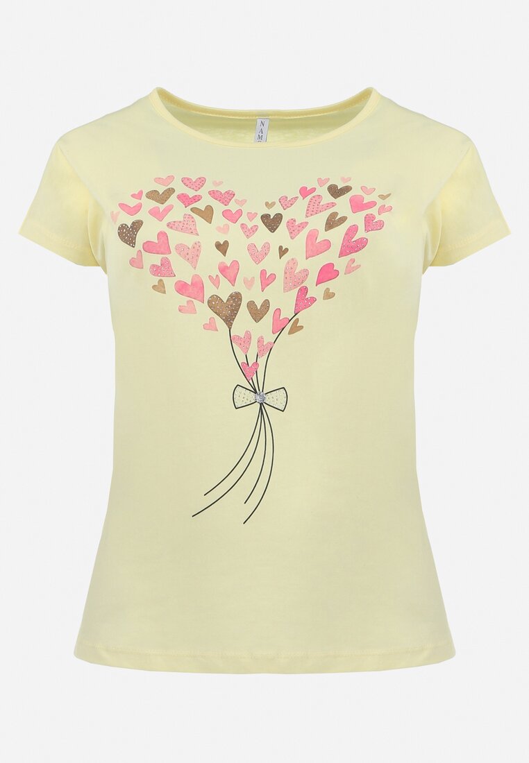 Żółty Bawełniany T-shirt z Nadrukiem w Serca Zdobiony Brokatem i Rękawami Typu Nietoperz Dipti