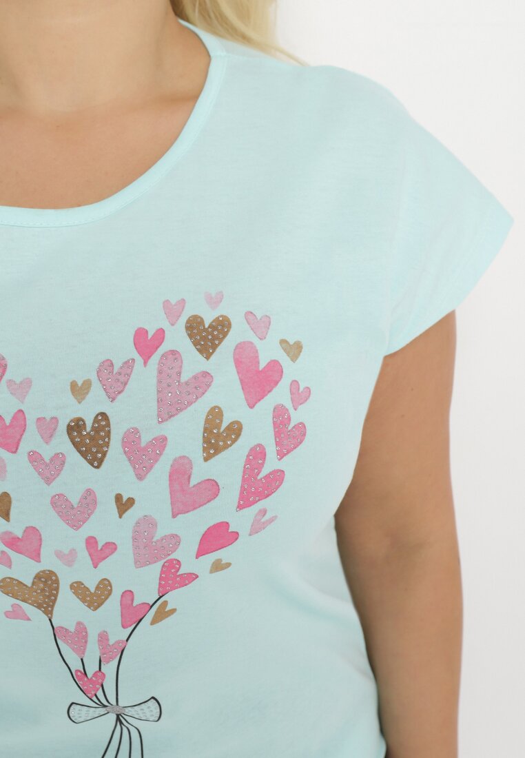Miętowy Bawełniany T-shirt z Nadrukiem w Serca Zdobiony Brokatem i Rękawami Typu Nietoperz Dipti