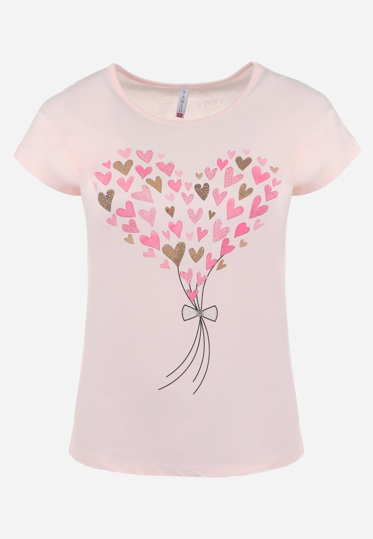 Różowy Bawełniany T-shirt z Nadrukiem w Serca Zdobiony Brokatem i Rękawami Typu Nietoperz Dipti