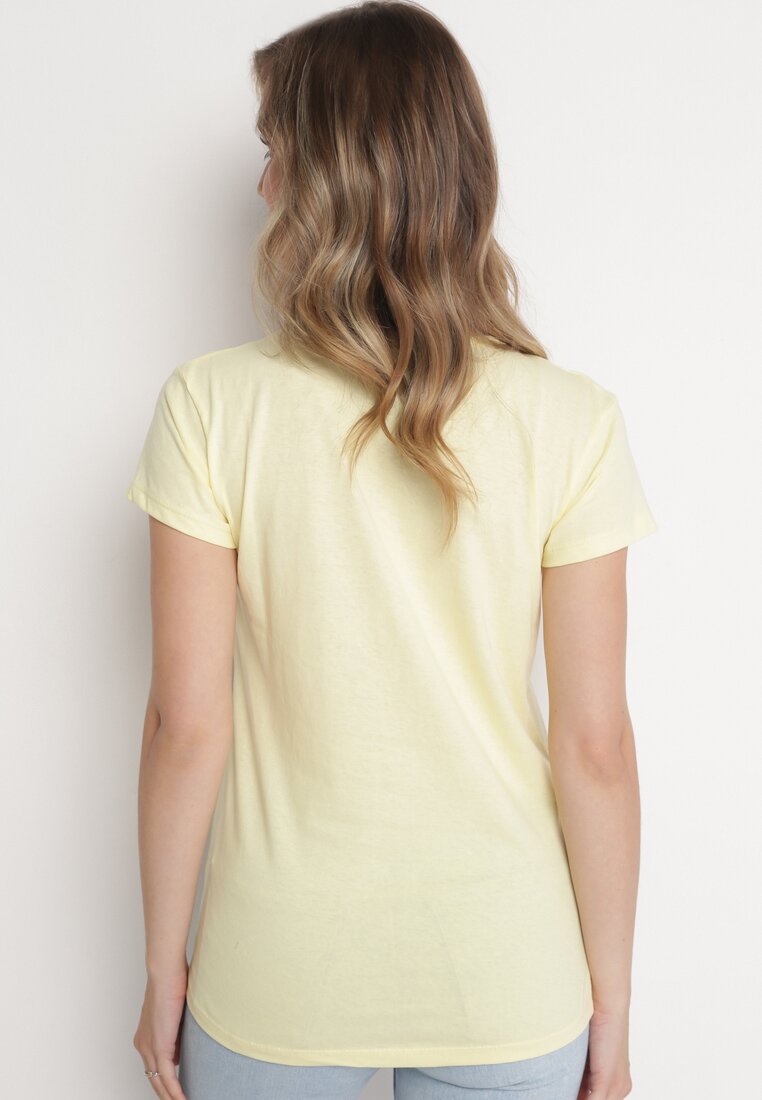 Żółty Bawełniany T-shirt z Prostokątnym Nadrukiem i Brokatem Silpa