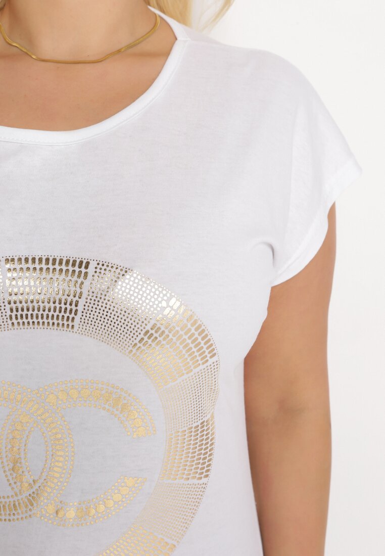 Biały Bawełniany T-shirt z Metalicznym Nadrukiem Lapur