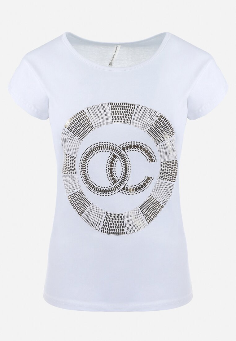 Biały Bawełniany T-shirt z Metalicznym Nadrukiem Lapur