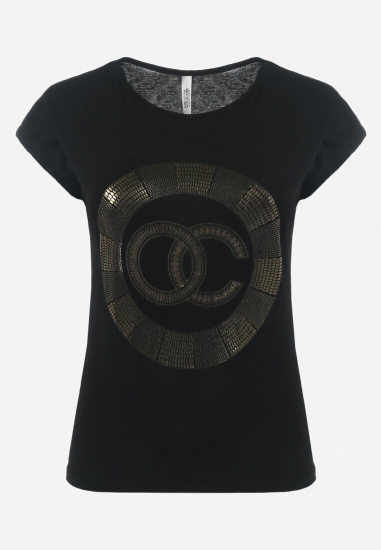 Czarny Bawełniany T-shirt z Metalicznym Nadrukiem Lapur