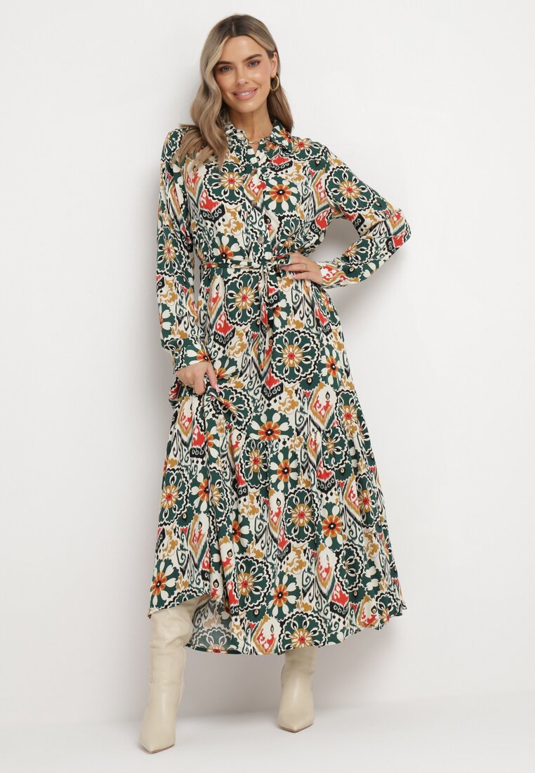 Ciemnozielona Rozkloszowana Sukienka Koszulowa z Wiskozy i Wiązanym Paskiem Banali