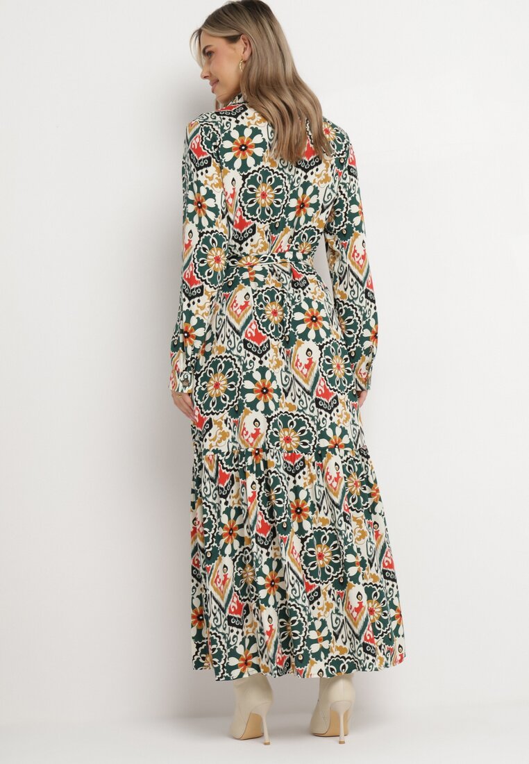 Ciemnozielona Rozkloszowana Sukienka Koszulowa z Wiskozy i Wiązanym Paskiem Banali