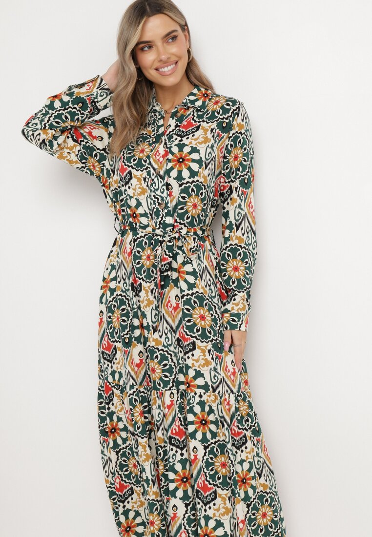 Ciemnozielona Rozkloszowana Sukienka Koszulowa z Wiskozy i Wiązanym Paskiem Banali