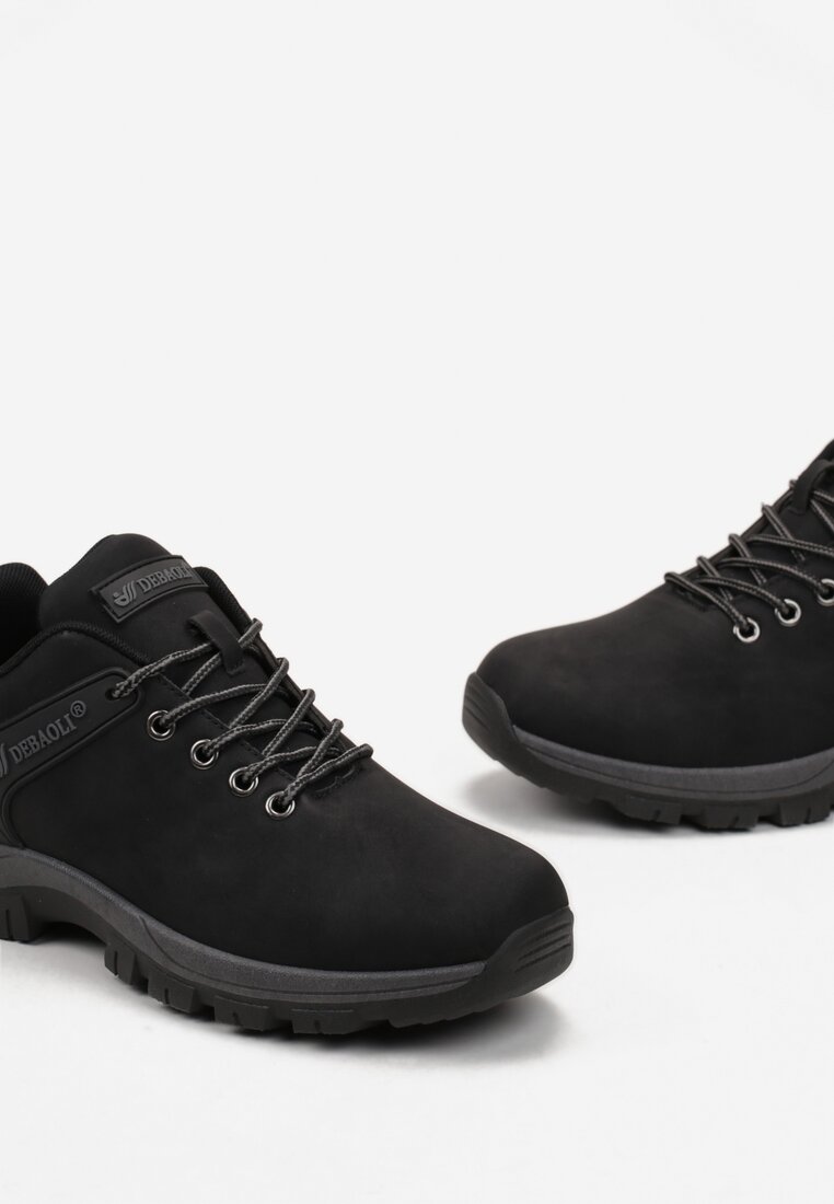 Czarne Buty Trekkingowe z Krótką Sznurowaną Cholewką Apodite