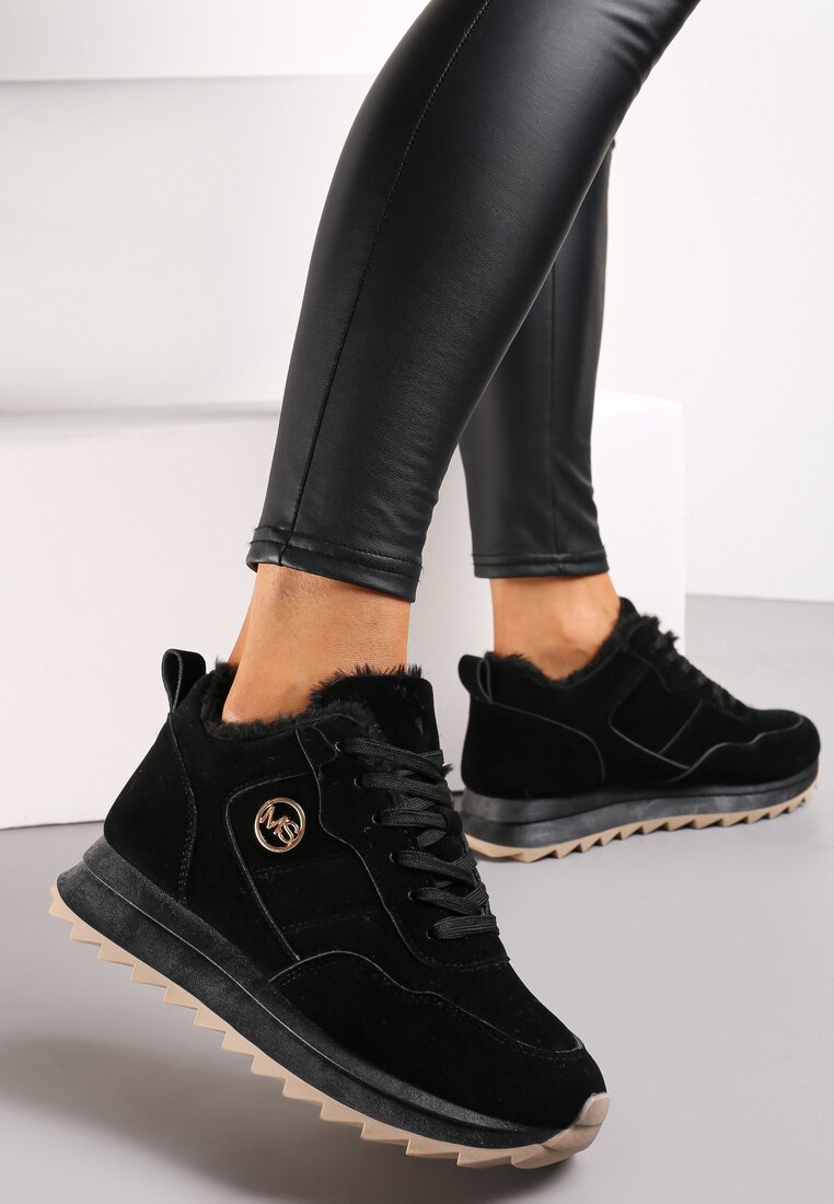 Czarne Sneakersy na Platformie z Futerkiem Egiapia