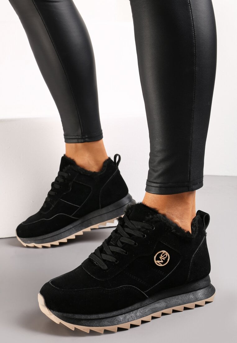 Czarne Sneakersy na Platformie z Futerkiem Egiapia