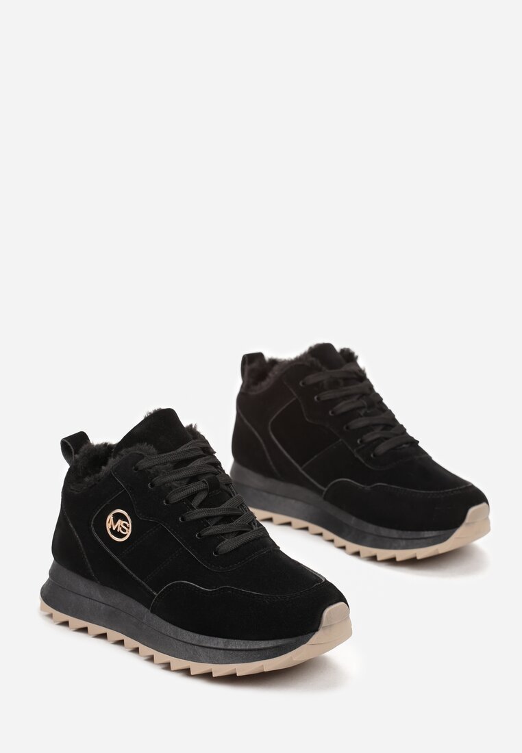 Czarne Sneakersy na Platformie z Futerkiem Egiapia