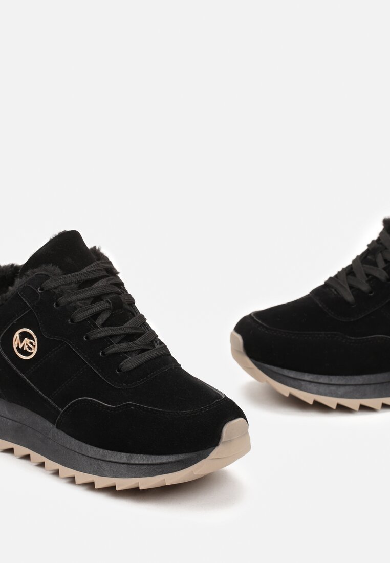 Czarne Sneakersy na Platformie z Futerkiem Egiapia