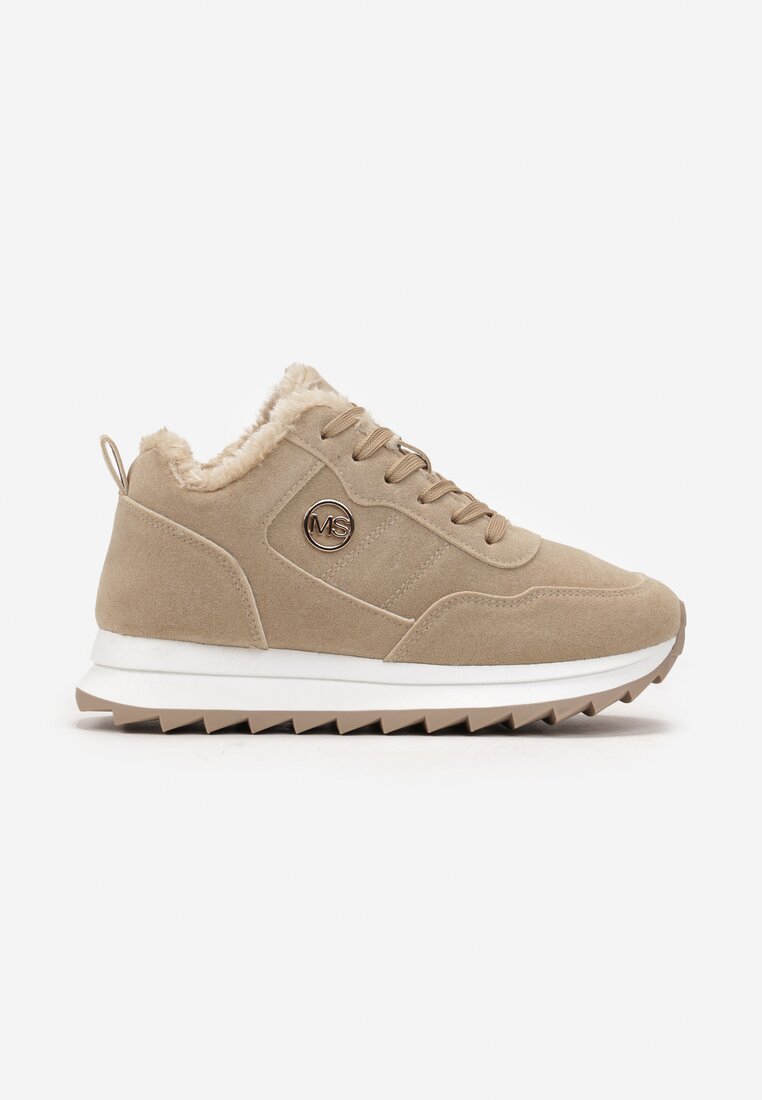 Ciemnobeżowe Sneakersy na Platformie z Futerkiem Egiapia