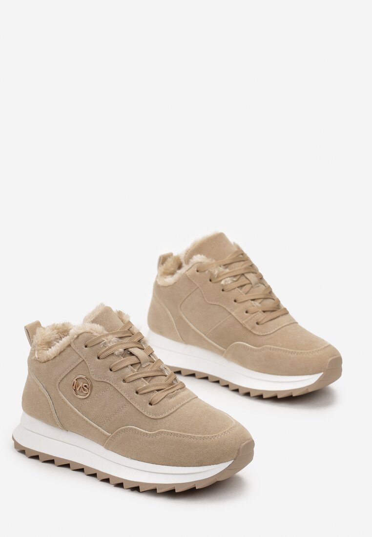 Ciemnobeżowe Sneakersy na Platformie z Futerkiem Egiapia