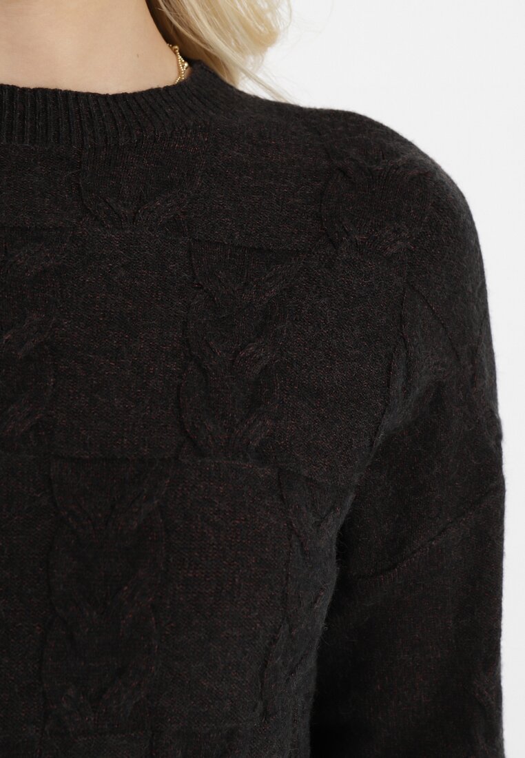 Czarny Sweter o Warkoczowym Splocie z Okrągłym Dekoltem Selinera