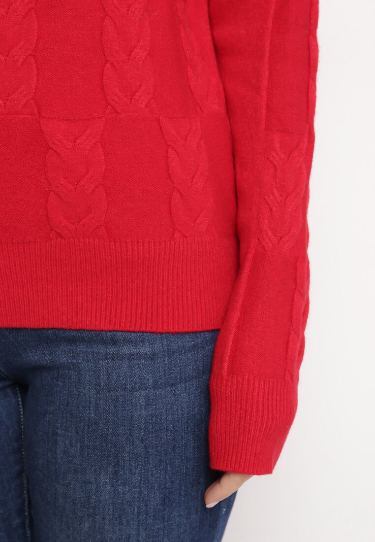 Czerwony Sweter o Warkoczowym Splocie z Okrągłym Dekoltem Selinera