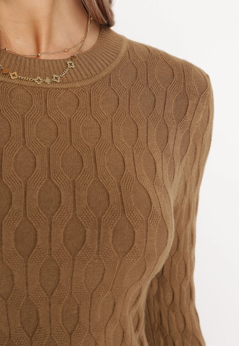 Brązowy Klasyczny Sweter z Tłoczonym Zdobieniem Nainea