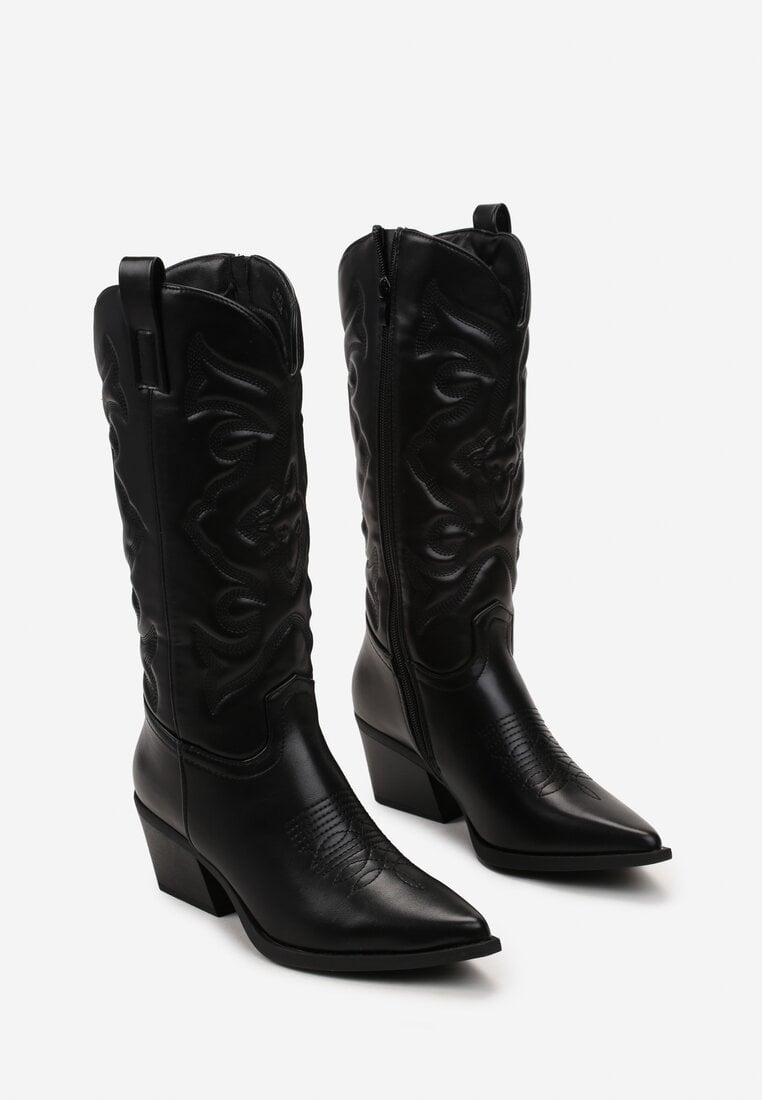 Czarne Kozaki Kowbojki z Przeszyciami i Szpiczastym Noskiem Taoi