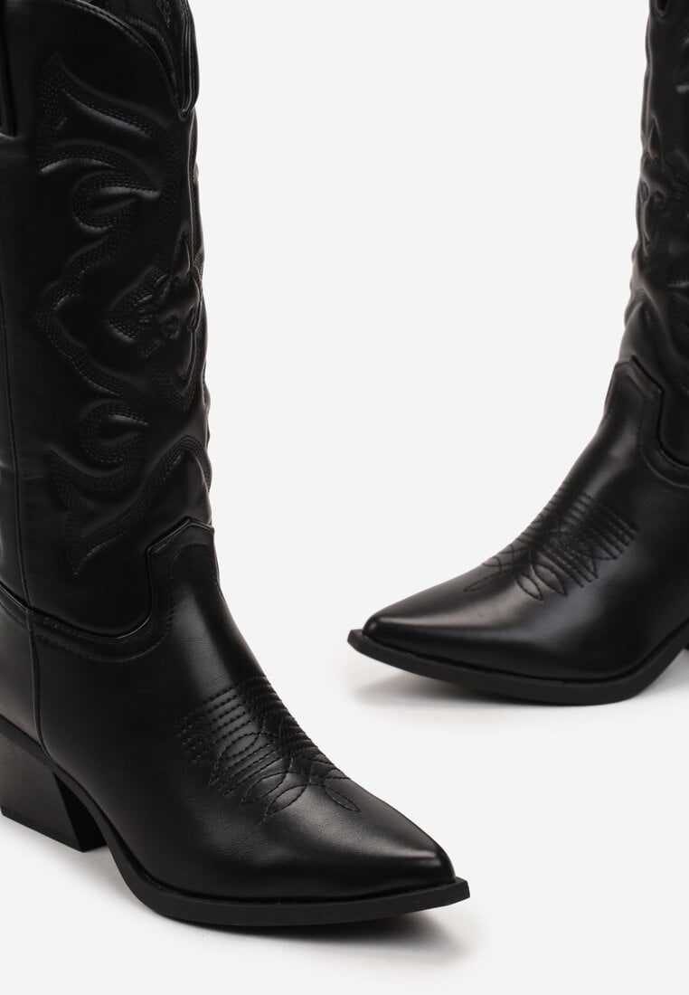 Czarne Kozaki Kowbojki z Przeszyciami i Szpiczastym Noskiem Taoi