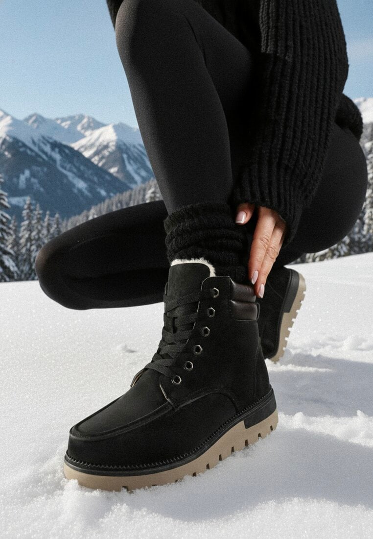 Czarne Mocno Ocieplone Botki Traperki ze Sznurowaniem Carlalla