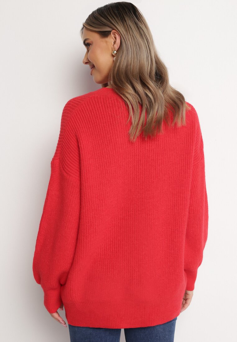 Czerwony Sweter Oversize z Okrągłym Dekoltem Ravo
