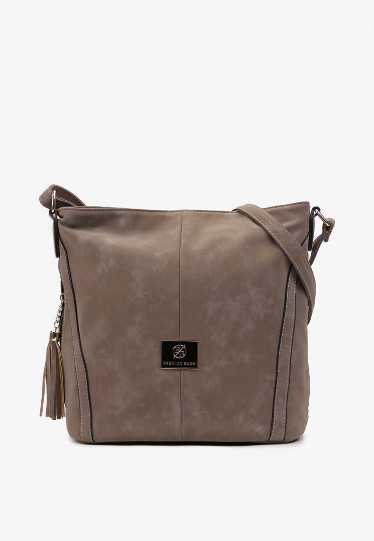 Ciemnobeżowa Torebka z Ekoskóry z Frędzlami na Regulowanym Pasku Deronitta