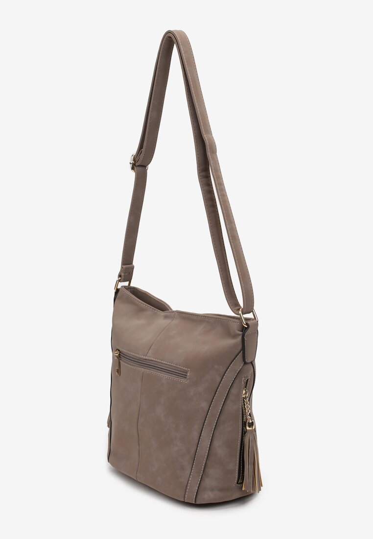 Ciemnobeżowa Torebka z Ekoskóry z Frędzlami na Regulowanym Pasku Deronitta