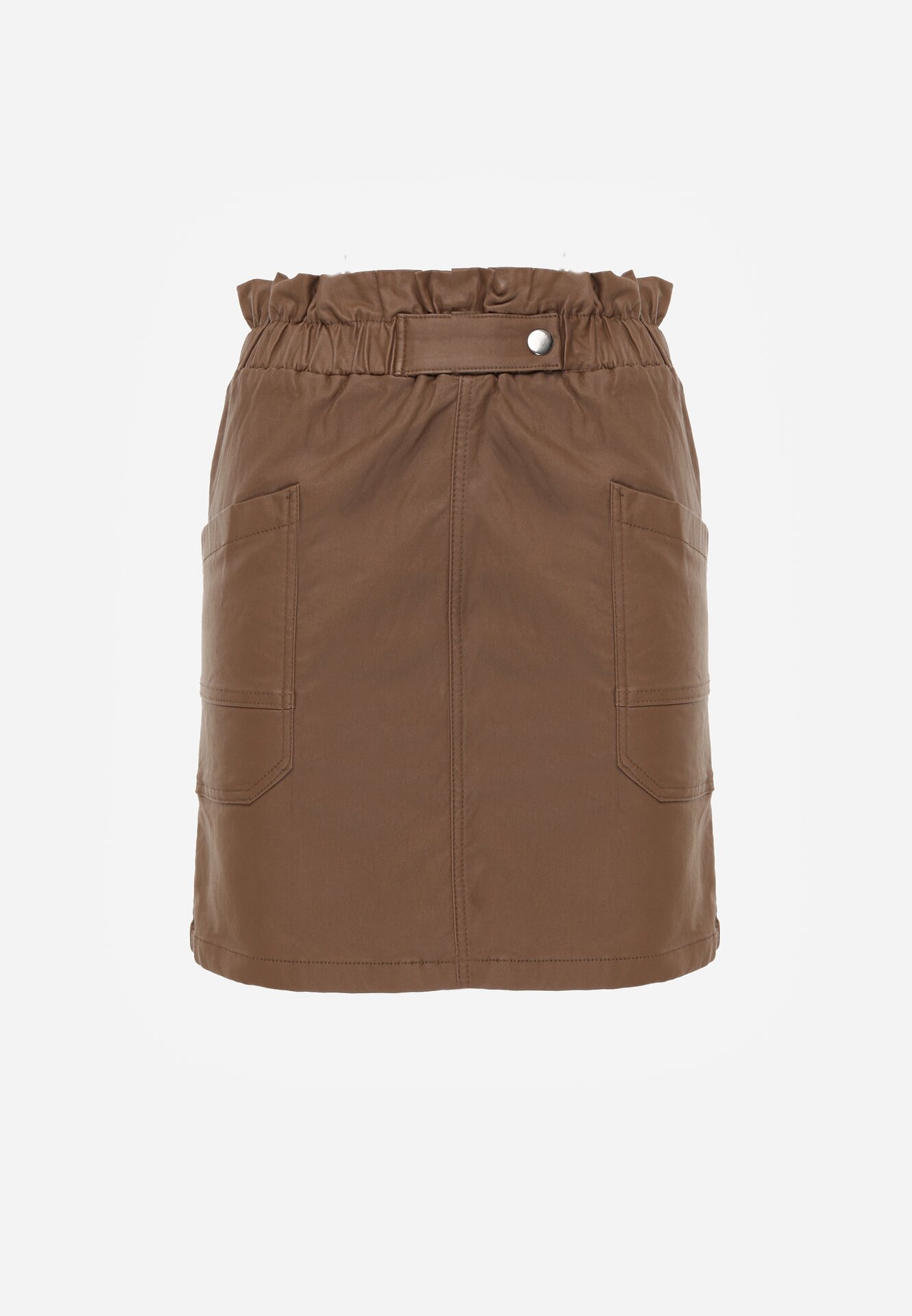 Brązowa Spódnica Mini z Ekoskóry z Gumką w Pasie i Kieszeniami Kirti