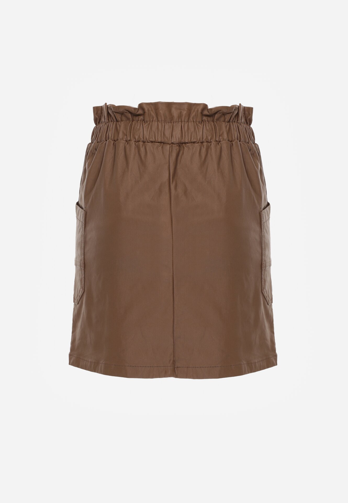 Brązowa Spódnica Mini z Ekoskóry z Gumką w Pasie i Kieszeniami Kirti