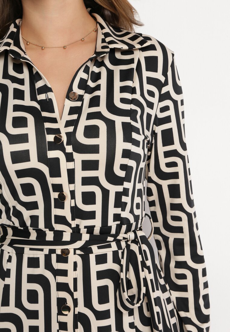 Beżowo-Czarna Koszulowa Sukienka Maxi w Geometryczny Wzór z Wiązanym Paskiem Gelama